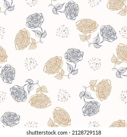  French blue floral linen seamless pattern with 2 tone country cottage style botanical motif. Simple vintage rustic fabric textile effect. Primitive modern shabby chic design.