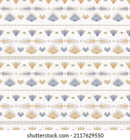 French blue geometric linen seamless pattern. Tonal farmhouse cottage style abstract grid background. Simple vintage rustic fabric textile effect. Primitive modern shabby chic kitchen cloth design.