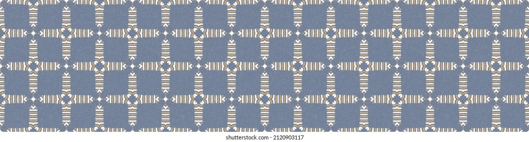 French blue geometric linen seamless pattern. Tonal farmhouse cottage style abstract grid background. Simple vintage rustic fabric textile effect. Primitive modern shabby chic kitchen cloth design.