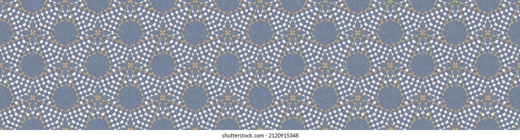 French blue geometric linen seamless pattern. Tonal farmhouse cottage style abstract grid background. Simple vintage rustic fabric textile effect. Primitive modern shabby chic kitchen cloth design.