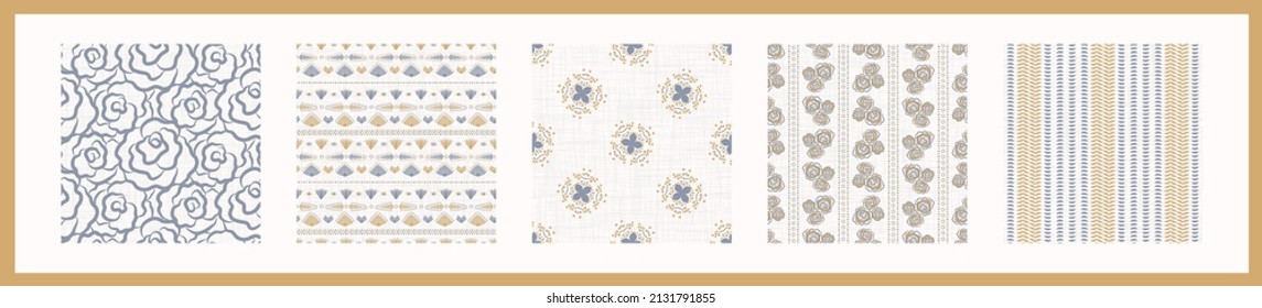 French blue linen seamless pattern set. Tonal farmhouse cottage style background. Simple vintage rustic fabric textile effect. Primitive modern shabby chic kitchen cloth design group. 