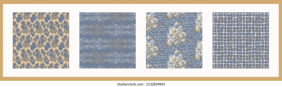 French blue linen seamless pattern set. Tonal farmhouse cottage style background. Simple vintage rustic fabric textile effect. Primitive modern shabby chic kitchen cloth design group. 