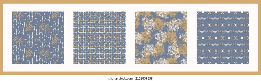 French Blue Linen Seamless Pattern Set. Tonal Farmhouse Cottage Style Background. Simple Vintage Rustic Fabric Textile Effect. Primitive Modern Shabby Chic Kitchen Cloth Design Group. 