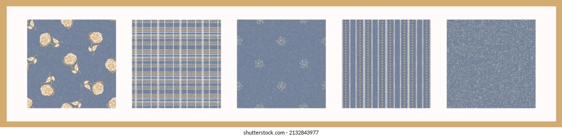 French blue linen seamless pattern set. Tonal farmhouse cottage style background. Simple vintage rustic fabric textile effect. Primitive modern shabby chic kitchen cloth design group. 
