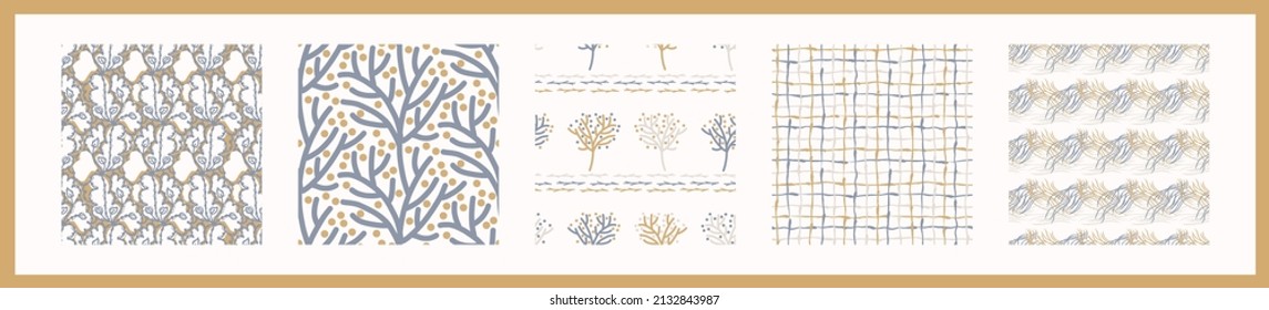 French blue linen seamless pattern set. Tonal farmhouse cottage style background. Simple vintage rustic fabric textile effect. Primitive modern shabby chic kitchen cloth design group. 