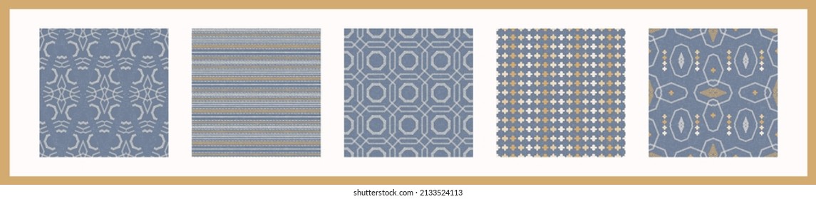 Juego de patrones sin fisuras de lino azul francés. Fondo típico de casa de campo. Sencillo efecto textil de tela rústica vintage. Elegante grupo de diseño de telas de cocina moderno y elegante. 