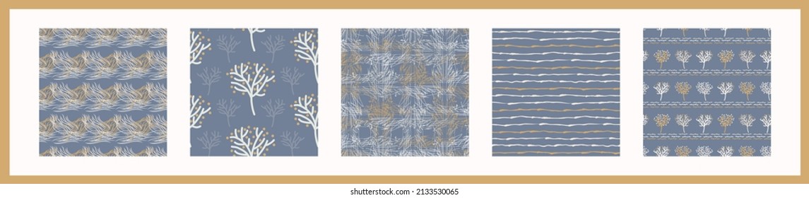 French blue linen seamless pattern set. Tonal farmhouse cottage style background. Simple vintage rustic fabric textile effect. Primitive modern shabby chic kitchen cloth design group. 