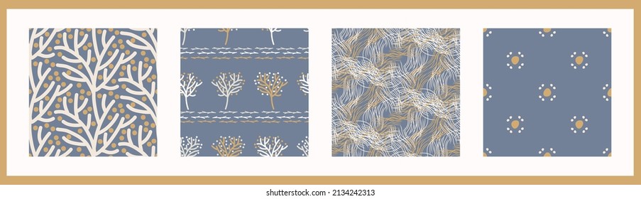 French Blue Linen Seamless Pattern Set. Tonal Farmhouse Cottage Style Background. Simple Vintage Rustic Fabric Textile Effect. Primitive Modern Shabby Chic Kitchen Cloth Design Group. 