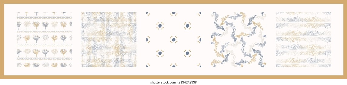 French Blue Linen Seamless Pattern Set. Tonal Farmhouse Cottage Style Background. Simple Vintage Rustic Fabric Textile Effect. Primitive Modern Shabby Chic Kitchen Cloth Design Group. 