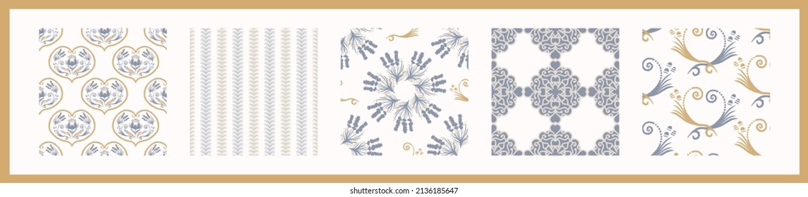 French Blue Linen Seamless Pattern Set. Tonal Farmhouse Cottage Style Background. Simple Vintage Rustic Fabric Textile Effect. Primitive Modern Shabby Chic Kitchen Cloth Design Group. 