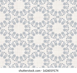 French blue shabby chic daisy damask vector texture background. Antique white blu woven linen flourish seamless pattern. Hand drawn floral interior wallpaper, home decor. Classic style all over print