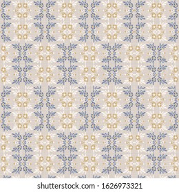 French blue shabby chic damask vector texture background. Antique daisy wreath flourish seamless pattern. Hand drawn floral interior wallpaper home decor swatch. Classic baroque style all over print