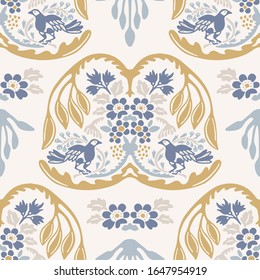 French blue shabby chic damask texture background. Antique old white yellow blue seamless pattern with birds. Hand drawn floral interior wallpaper home decor swatch. Classic medallion all over print