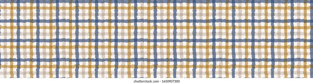 French blue shabby chic gingham plaid linen vector texture border background. Check hand drawn banner seamless pattern. Hand drawn wonky interior home decor ribbon. Classic rustic farmhouse style .