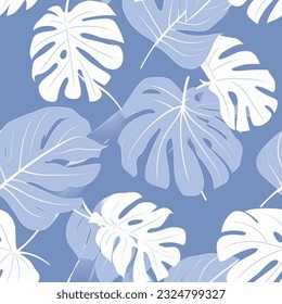 French Blue White Monstera Leaf Abstract Line Art Leaf Fern Plant Scandinavian Design Seamless Pattern Wallpaper Curtain Bedding Background
