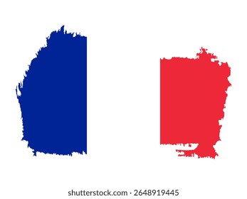 French blue, white, and red tricolor flag in rugged country-shaped brush silhouette for design and identity themes.