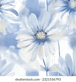 French Blue and White Wild Flowers Abstract Seamless Pattern Wallpaper Background 