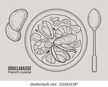 French bouillabaisse soup with seafood served on a plate with baguette and a spoon. Outlane doodle illustration for cafe and restaurant menu. Top view.
