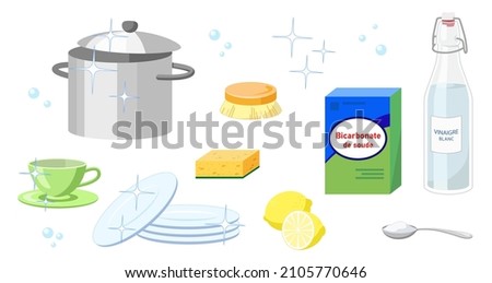 French box of baking soda - bicarbonate de soude with bottle of white vinegar - vinaigre blanc, sponge, brush, lemon for cleaning dishes and home isolated on white background vector illustration set