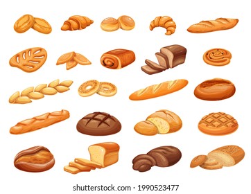 French bread bakery product set, colored vector illustration. Bake roll, pastry and slices breads. Tabatiere, epi baguette, bagel, pain au levain, petits pains and ets.