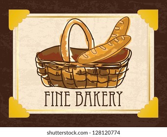 French bread in basket, on vintage background. vector illustration