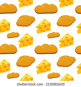 French bread and cheese pattern. Food background template. Bakery preliminary illustration