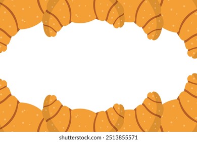 Anuncio de cruasán de pan francés. Marco de la tienda de panadería. Póster de la frontera de alimentos del croissant del bollo francés