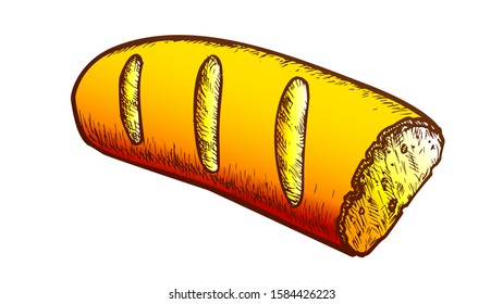 French Bread, Half Of Baked Food Color Vector. Loaf Of Crusty Bread For Sandwich. Bakery Nutrition Engraving Concept Template Hand Drawn In Vintage Style Illustration