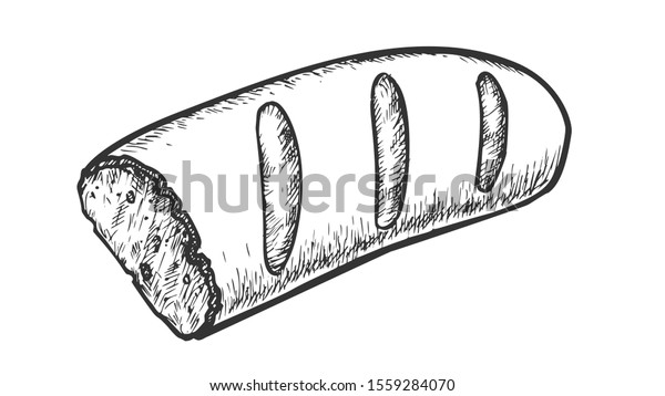 焼き物の半分のフランスパン 白黒のベクター画像 サンドイッチ用の堅いパンの塊 白黒 のビンテージ風手描きのベーカリー栄養彫刻コンセプトテンプレート のベクター画像素材 ロイヤリティフリー