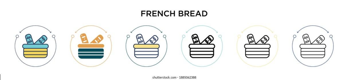 French bread icon in filled, thin line, outline and stroke style. Vector illustration of two colored and black french bread vector icons designs can be used for mobile, ui, web