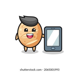 french bread illustration cartoon holding a smartphone , cute design