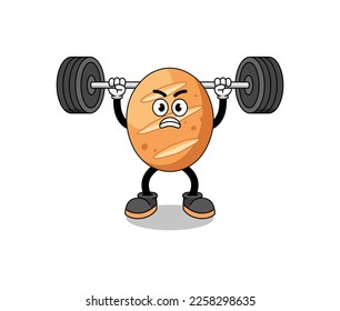 french bread mascot cartoon lifting a barbell , character design