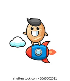 french bread mascot character riding a rocket , cute design