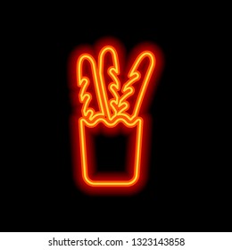 French bread in the paper bag. Food delivery logo. Orange neon style on black background. Light icon