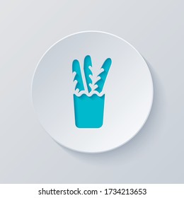 French bread in the paper bag. Food delivery logo. Cut circle with gray and blue layers. Paper style