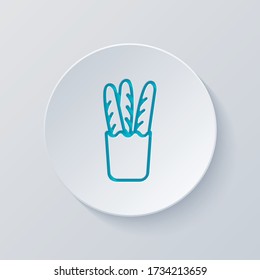 French bread in the paper bag. Food delivery logo. Cut circle with gray and blue layers. Paper style