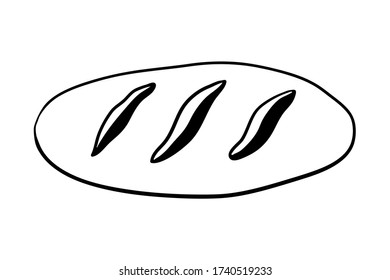 French bread top view. Black line sketch of bread isolated on white background. Vector illustration