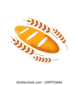 French bread and wheat icon. Flat illustration of baguette bread with grain texture isolated on white background. Vector illustration