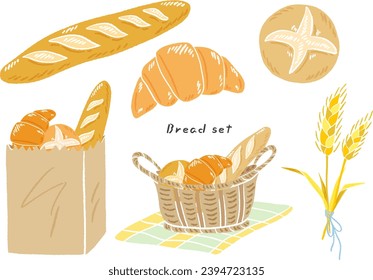 Pan francés, baguette, cruasán y trigo, pan en una cesta, adorable conjunto de ilustraciones dibujado a mano