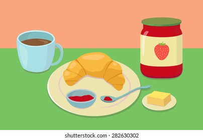 French breakfast with coffee, croissant, butter and jam