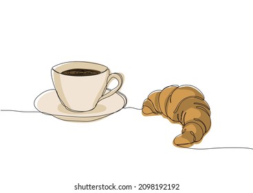 French breakfast of coffee and croissants. One continuous line drawing. Vector illustration