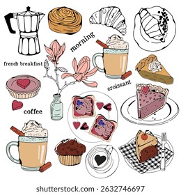 French breakfast colorful collection with different cakes, pastries and coffee mugs