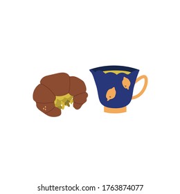 French breakfast. Croissant with arugula and cup of tea. Vector isolated. Concept illustration