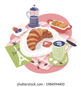 French breakfast croissant, berries, cookies and coffee. Isolated on pink spot and white background. Vector illustration. Food, morning, jam, French press, beans, Card Eiffel tower, tradition meal
