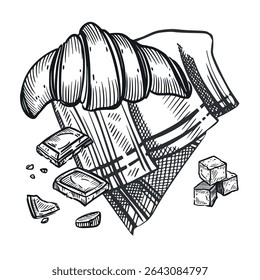 French Breakfast, croissant, chocolate slices on a cloth napkin, lump sugar. All objects are hand-drawn in vector. The illustration is suitable for printing in bakeries, menus, printing stores.