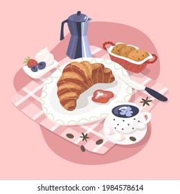 French breakfast with croissant and coffee. Isolated on pink background. Vector illustration. Food, cooking, good morning, Cookies, berries, jam, coffee pot, coffee beans, social media design.