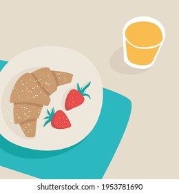 French breakfast with croissant and orange juice. croissant with icing sugar and strawberries. Vector illustration.