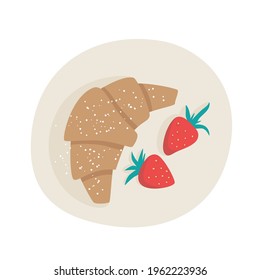 French breakfast with croissant and strawberries. top view: plate, croissant and strawberries. Vector illustration.