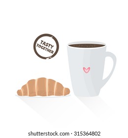 French breakfast, croissant vector food with cup of hot coffee. 