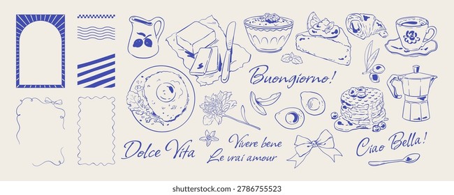 French breakfast doodle set in blue ink line style. Cute morning food as coffee, egg, croissant and pancakes appear as cozy cafe brunch icons. Whimsical hand drawn template for bakery menu,